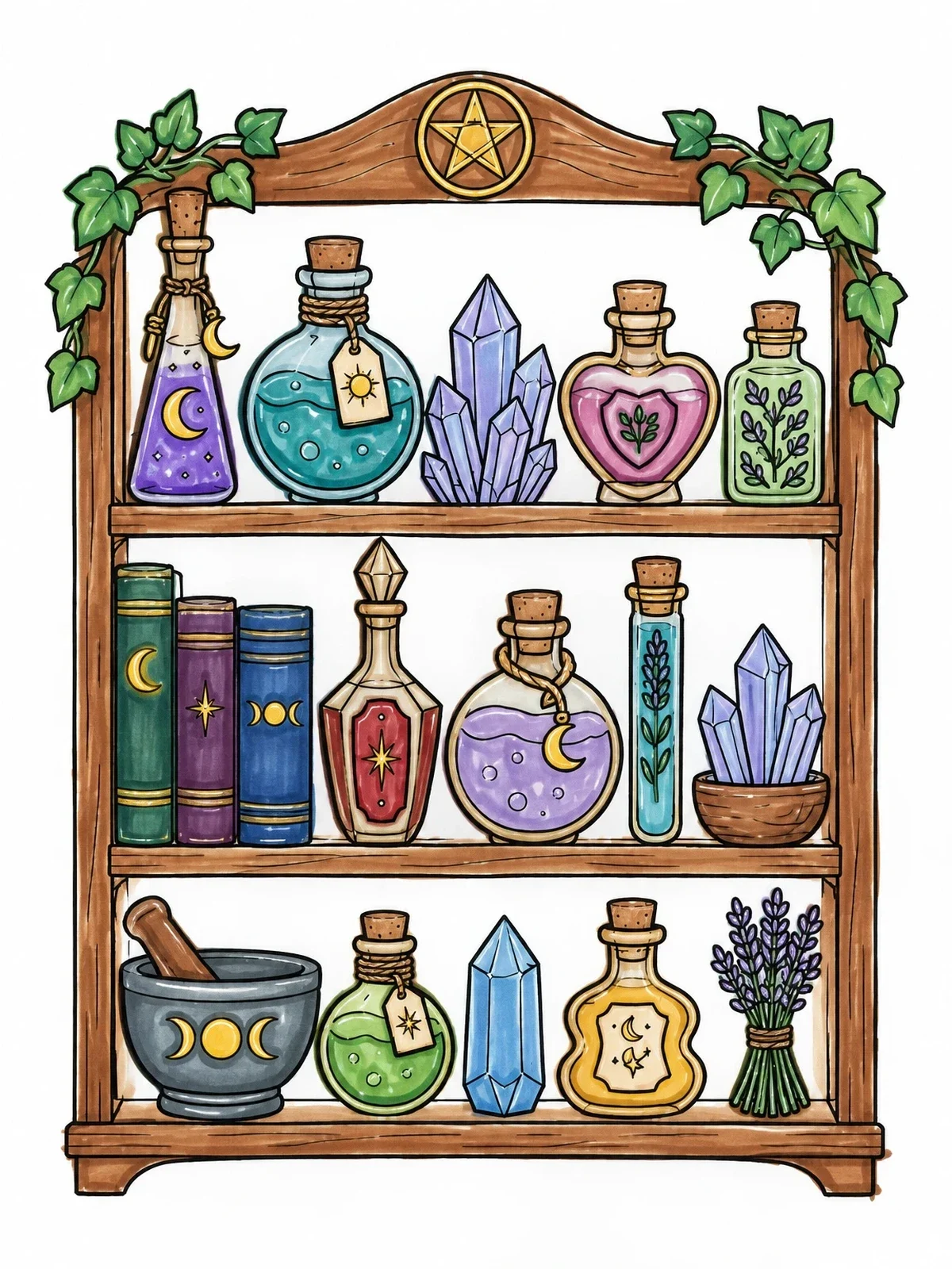Colored example of the Witchy Apothecary Shelf With Potion Bottles coloring page