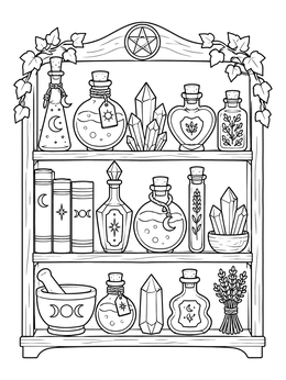 A magical potion bottle coloring page showing three shelves with crystals, herbs, books, and ornate vials.