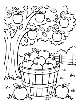 An apple basket coloring page featuring fruit under an orchard tree.