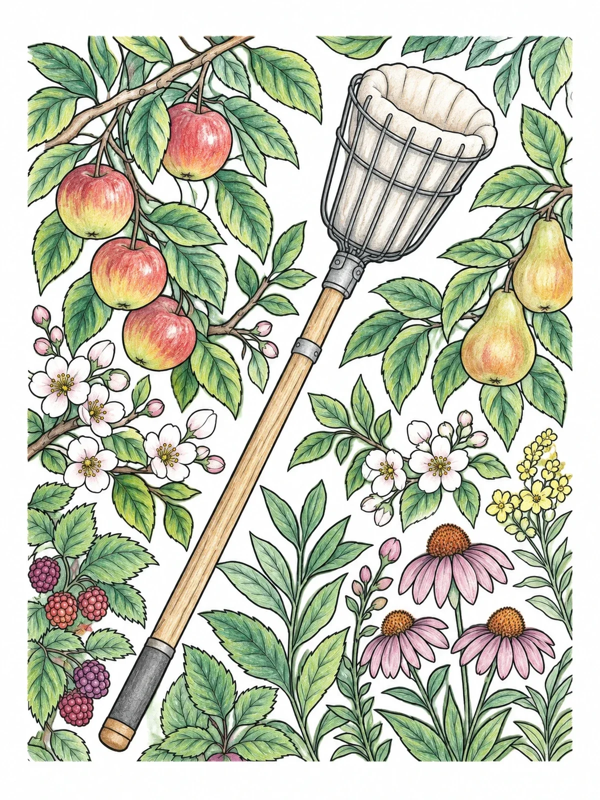 Colored example of the Fruit Picking Pole In Orchard coloring page
