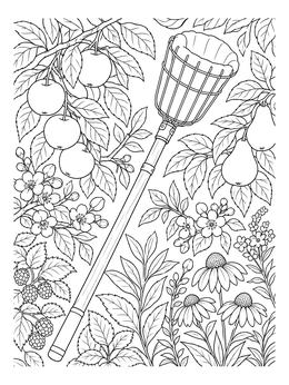Detailed apple picking coloring page featuring a harvesting pole surrounded by fruit branches and flowers.