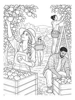 People picking fresh apples in an orchard on this harvest coloring page.