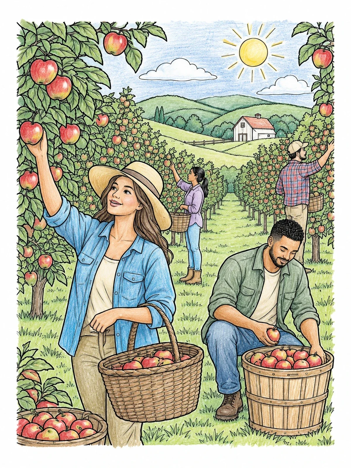 Colored example of the Harvest Day In The Apple Orchard coloring page