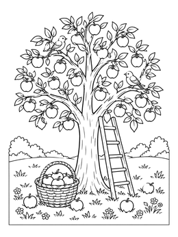 An apple tree coloring page featuring ripe fruit, perched birds, a wooden ladder, and a basket in a meadow.