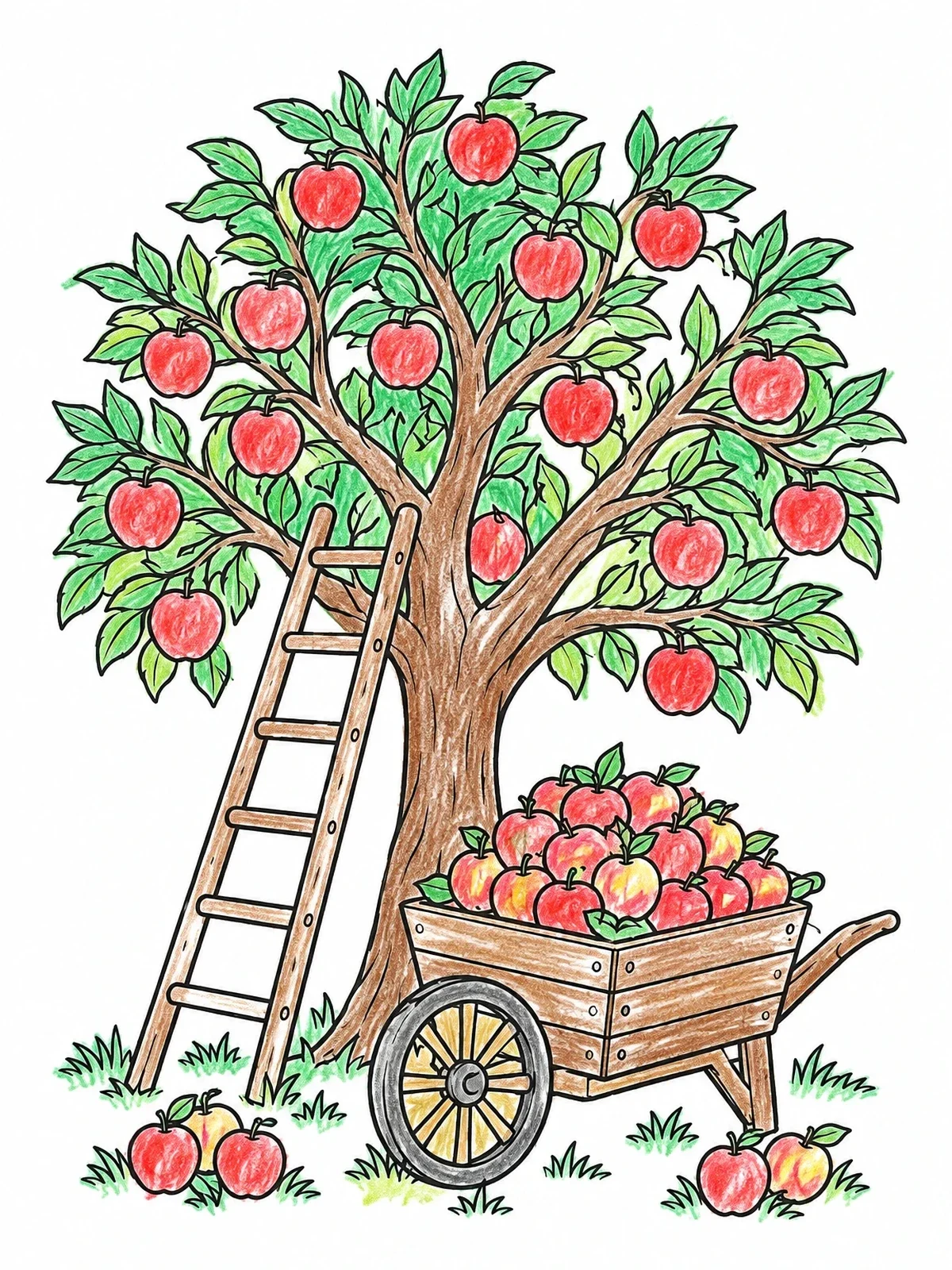 Colored example of the Apple Tree With Full Harvest Cart coloring page