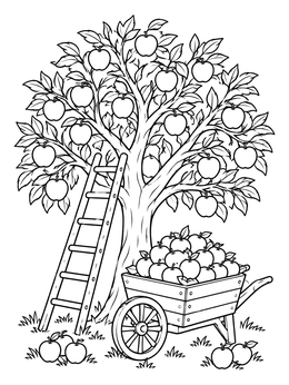 Free printable Apple Tree With Full Harvest Cart coloring page