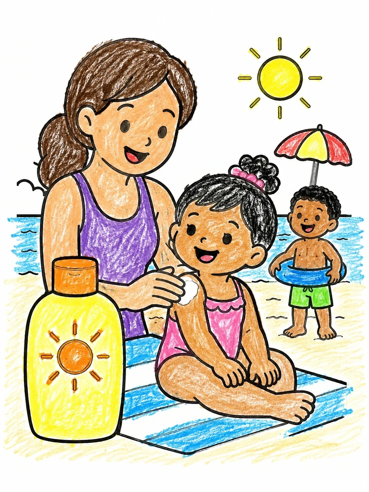 Colored example of the Applying Sunscreen At The Beach coloring page