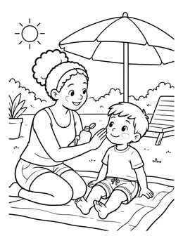 Free printable Applying Sunscreen Under Patio Umbrella coloring page