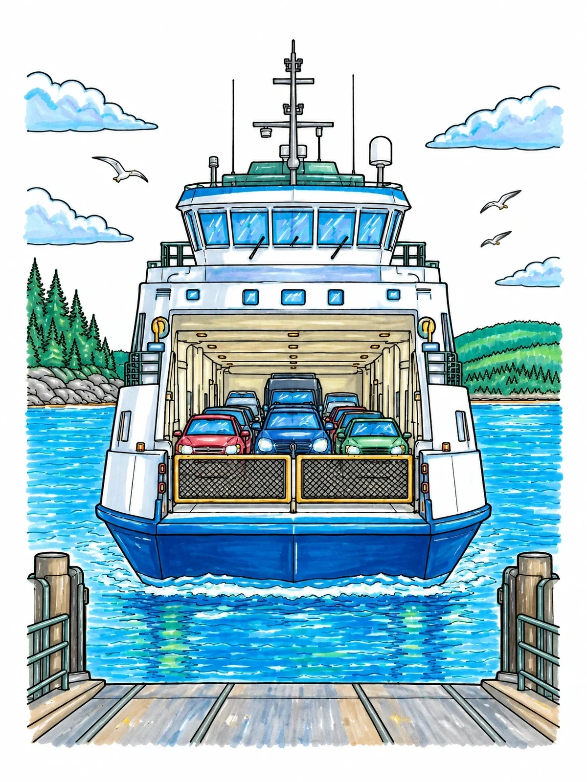 Colored example of the Approaching Car Ferry Boat coloring page