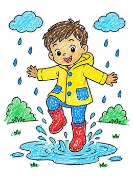 Boy Splashing In Rain Puddle – April Coloring Page