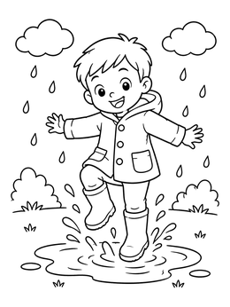 A cheerful boy jumping in a puddle on this fun april coloring page.