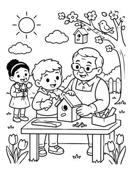 A grandfather and children build a wooden house in this april coloring page.