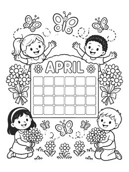 Kids holding flowers around a blank calendar grid in this april coloring page.