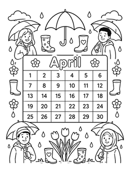An april coloring page featuring a numbered monthly calendar, rain boots, umbrellas, and happy children.