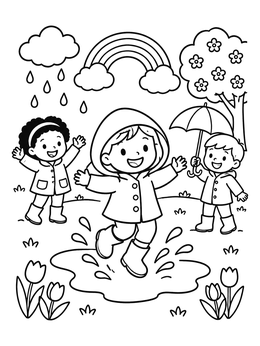 Free printable Children Splashing In Spring Puddles coloring page