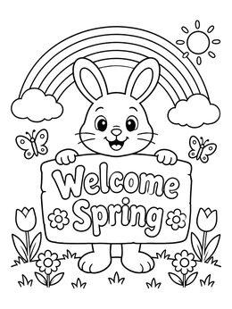 Free printable Cute Bunny With Rainbow And Sign coloring page