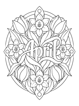 An intricate april coloring page featuring spring daffodils, tulips, and decorative lettering.