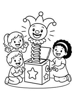 Children laughing at a surprise toy in this fun april fools coloring page.