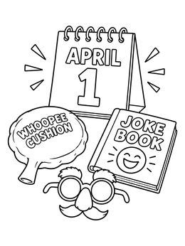 Desk calendar showing April 1 with classic props on this april fools coloring page.