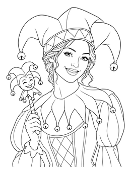 A cheerful court jester holding a marotte in an april fools coloring page.