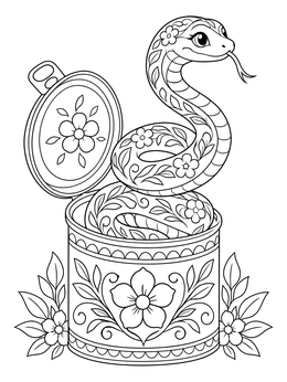 Decorated april fools coloring page with a floral snake popping out of an open tin can.