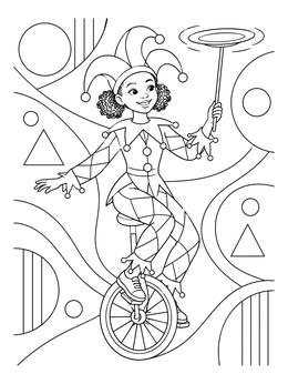 A cheerful jester balances a plate on this april fools coloring page.