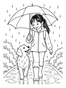A smiling girl shares her umbrella with a puppy in this rainy april coloring page.