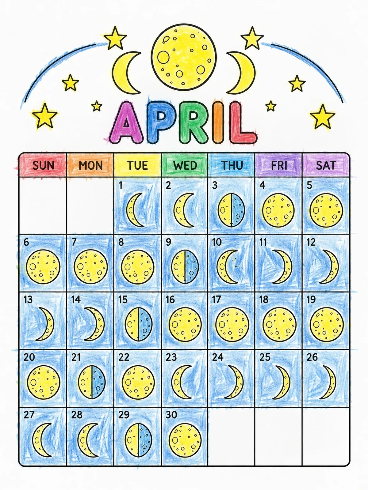 Colored example of the April Moon Phases Calendar coloring page
