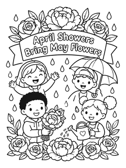 Free printable April Showers Bring May Flowers coloring page