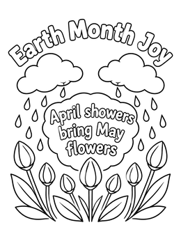 Tulip buds growing beneath rain clouds on an april coloring page.