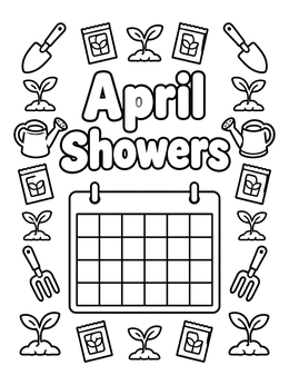 A blank calendar surrounded by seedlings and tools in this cute april coloring page.