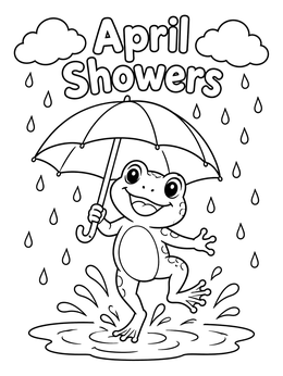 A cheerful frog dancing in a rain puddle beneath an umbrella on this april coloring page.
