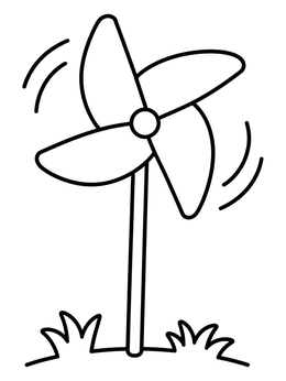 A simple april coloring page of a pinwheel toy spinning in the breeze on a grassy lawn.