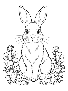 A fluffy rabbit sits among clovers in this april coloring page.