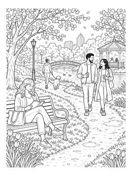 People enjoying blooming trees and pathways on this spring april coloring page.