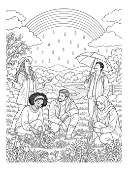 Friends admire blooms under a rainbow in this detailed april coloring page.