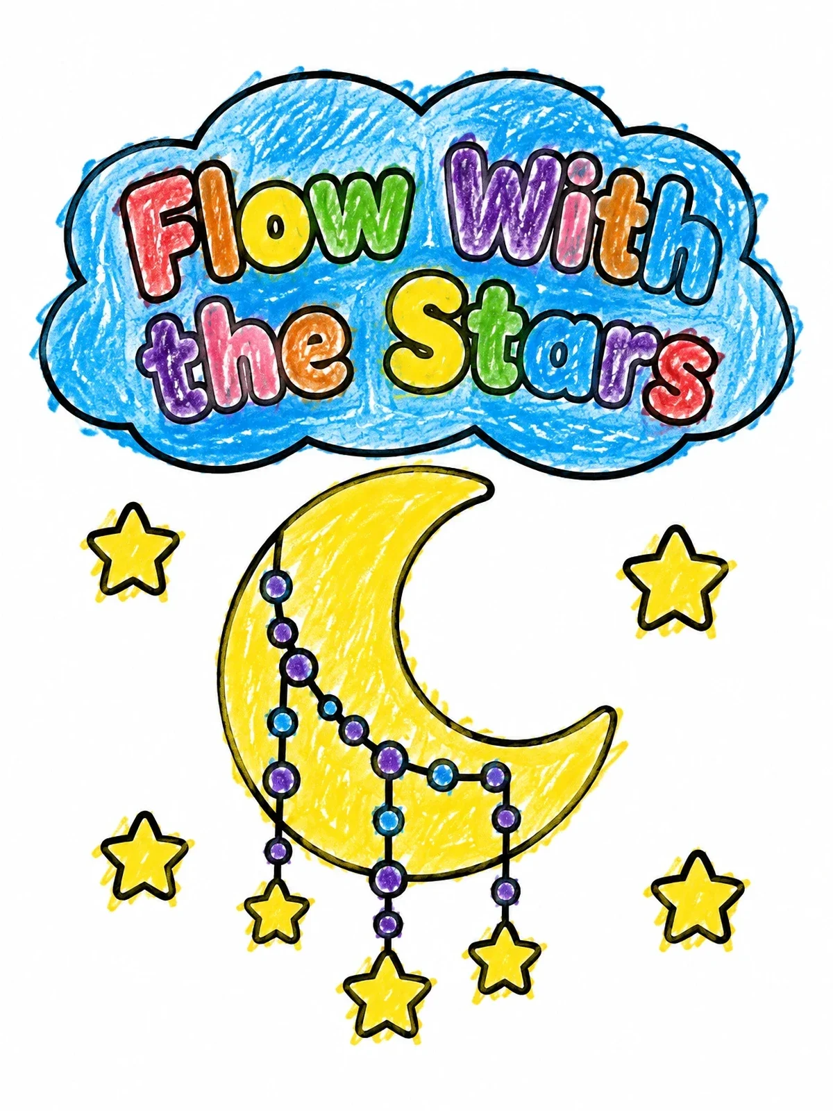 Colored example of the Crescent Moon And Hanging Stars coloring page