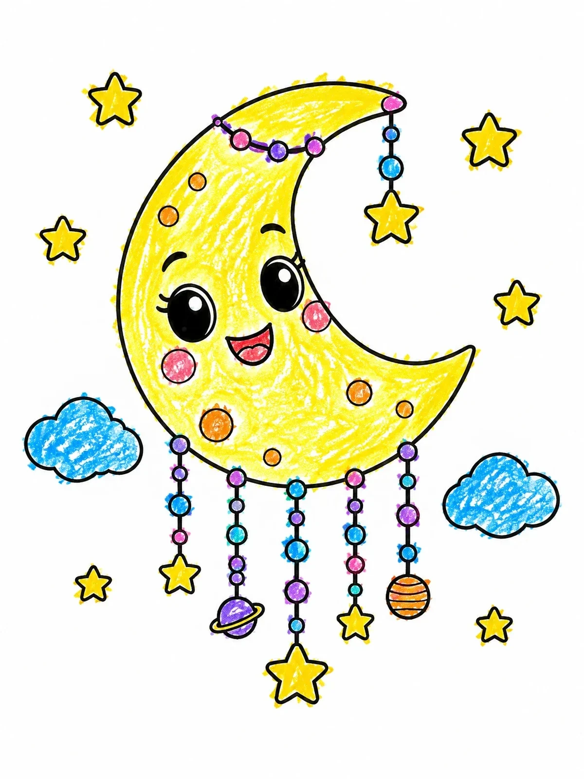 Colored example of the Smiling Crescent Moon With Hanging Beads coloring page