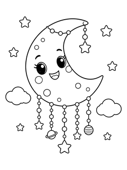 Free printable Smiling Crescent Moon With Hanging Beads coloring page