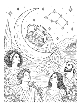 Free printable Aquarius Urn On Crescent Moon coloring page