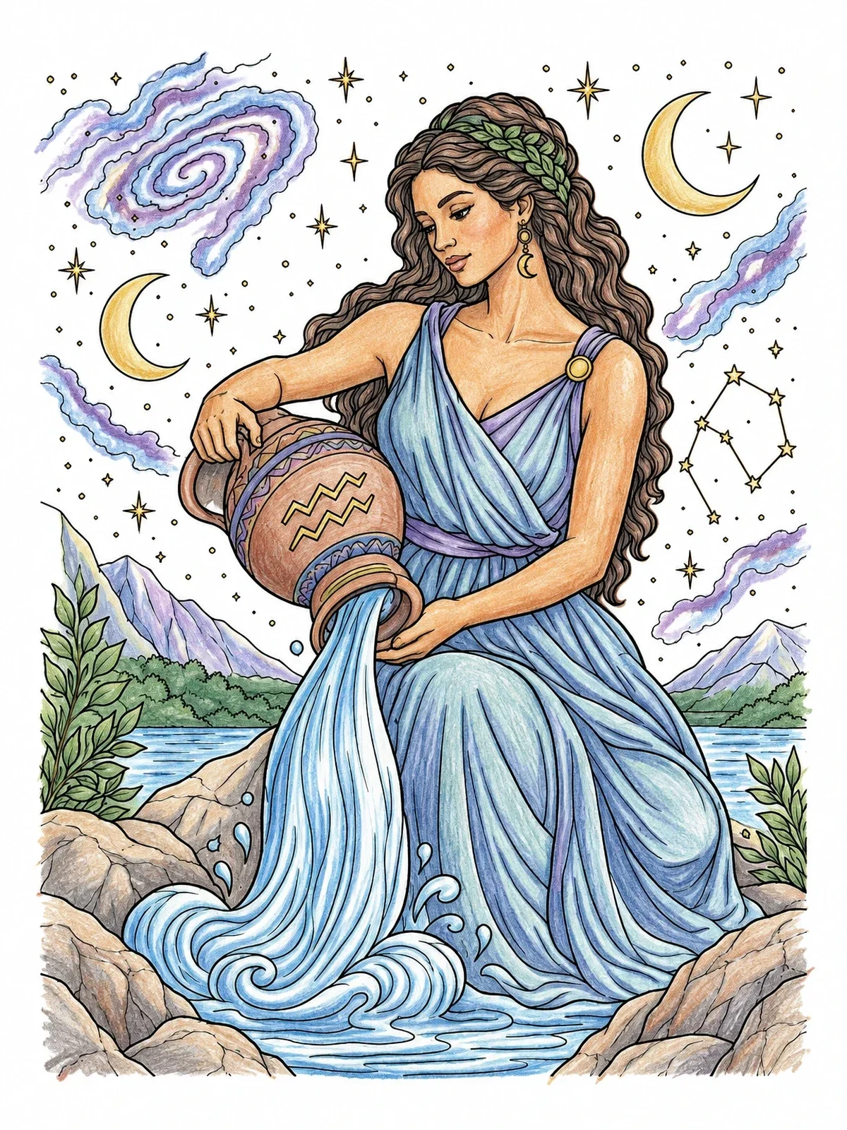 Colored example of the Aquarius Water Bearer Under Stars coloring page