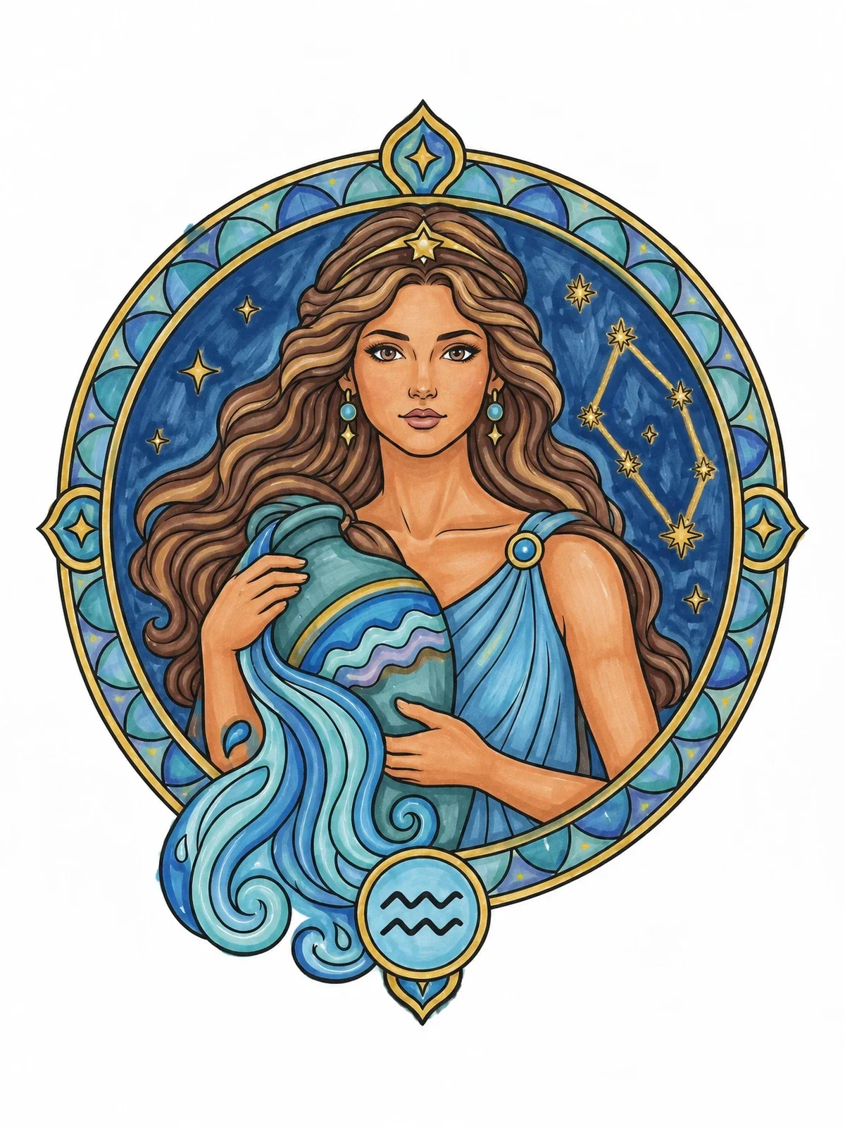 Colored example of the Aquarius Water Bearer Goddess Portrait coloring page