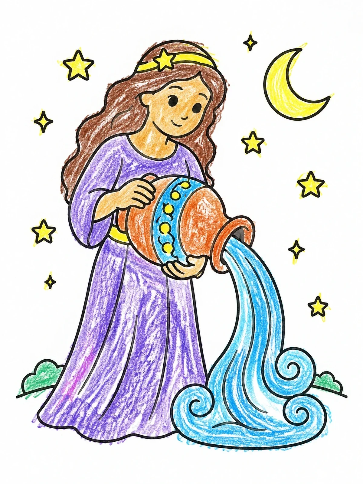 Colored example of the Aquarius Water Bearer Under The Moon coloring page