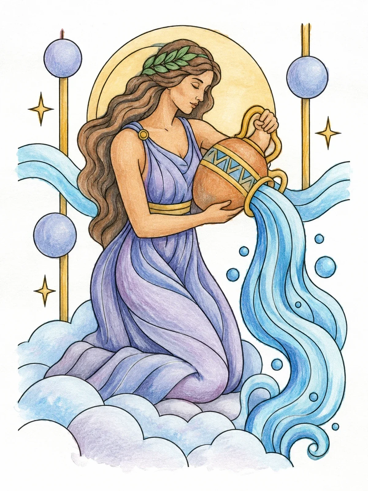 Colored example of the Aquarius Water Bearer On Clouds coloring page