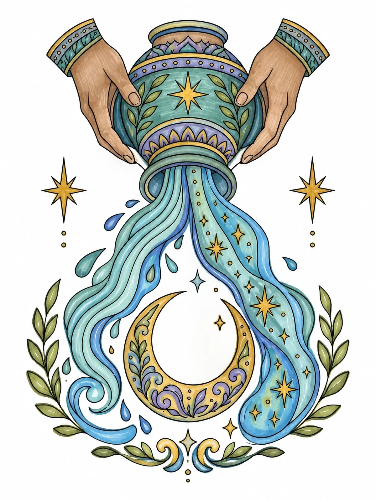 Colored example of the Aquarius Water Bearer Urn And Moon coloring page