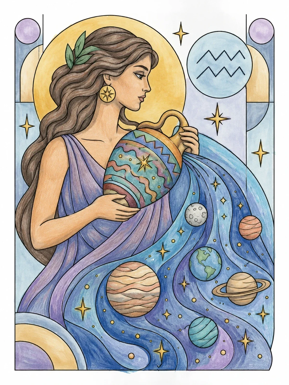 Colored example of the Aquarius Woman Pouring Cosmic Water coloring page