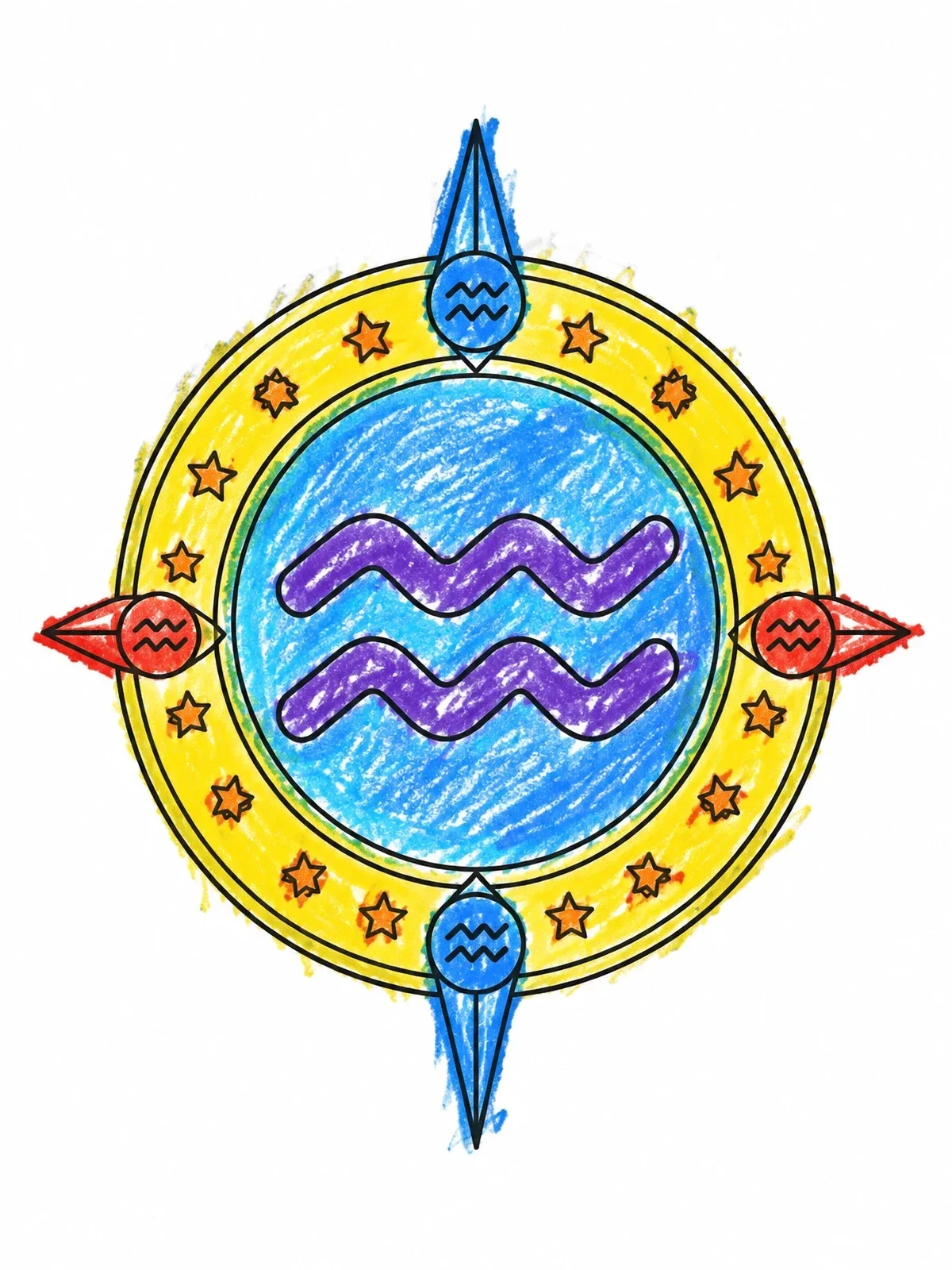 Colored example of the Aquarius Zodiac Compass And Stars coloring page