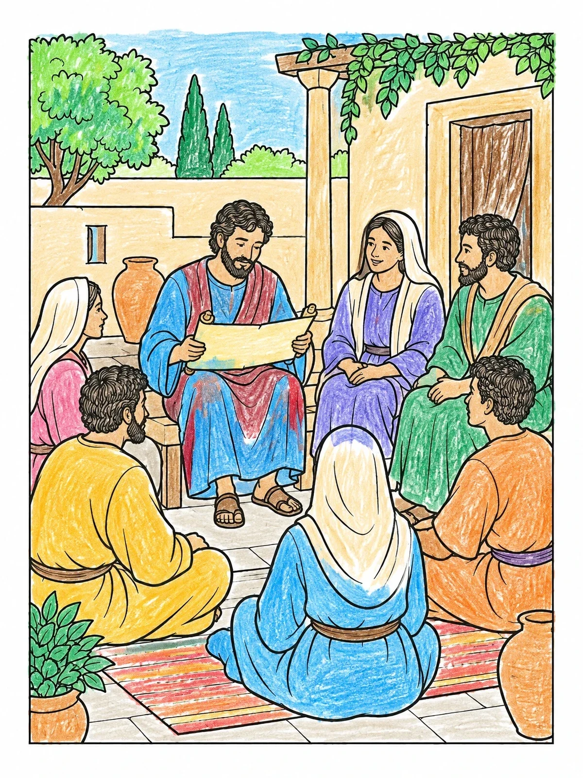 Colored example of the Early Christians Courtyard Fellowship coloring page