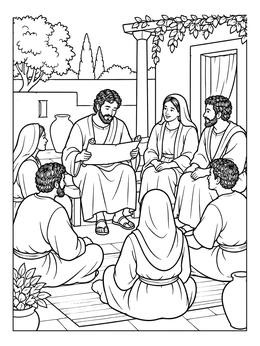 Early Christians gather together in this detailed aquila and priscilla coloring page.