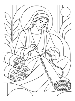 Aquila and Priscilla coloring page showing Priscilla stitching canvas with an awl beside fabric rolls.